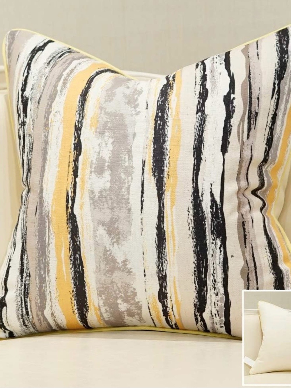 Striped Accent Pillow Cover in Yellow, Black, Gray and Cream